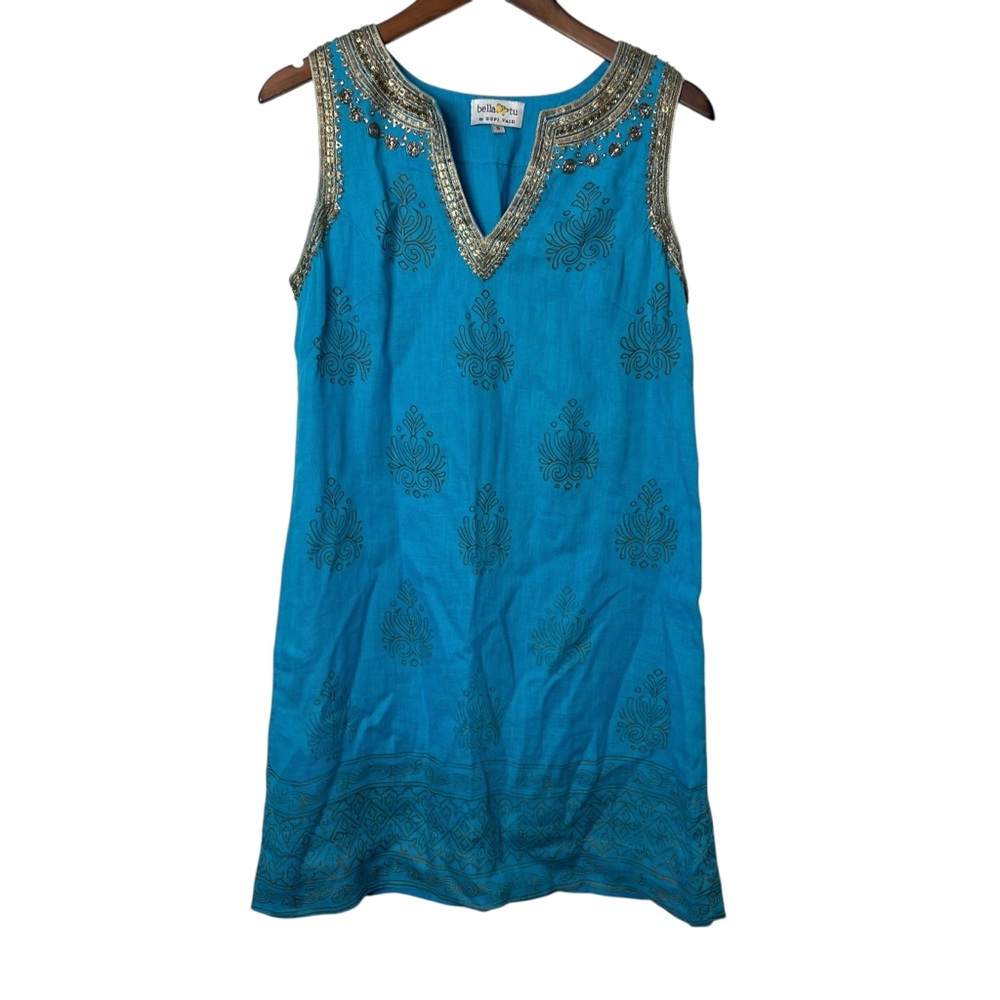 Blue and Gold Embellished V-Neck Sheath‎ Dress